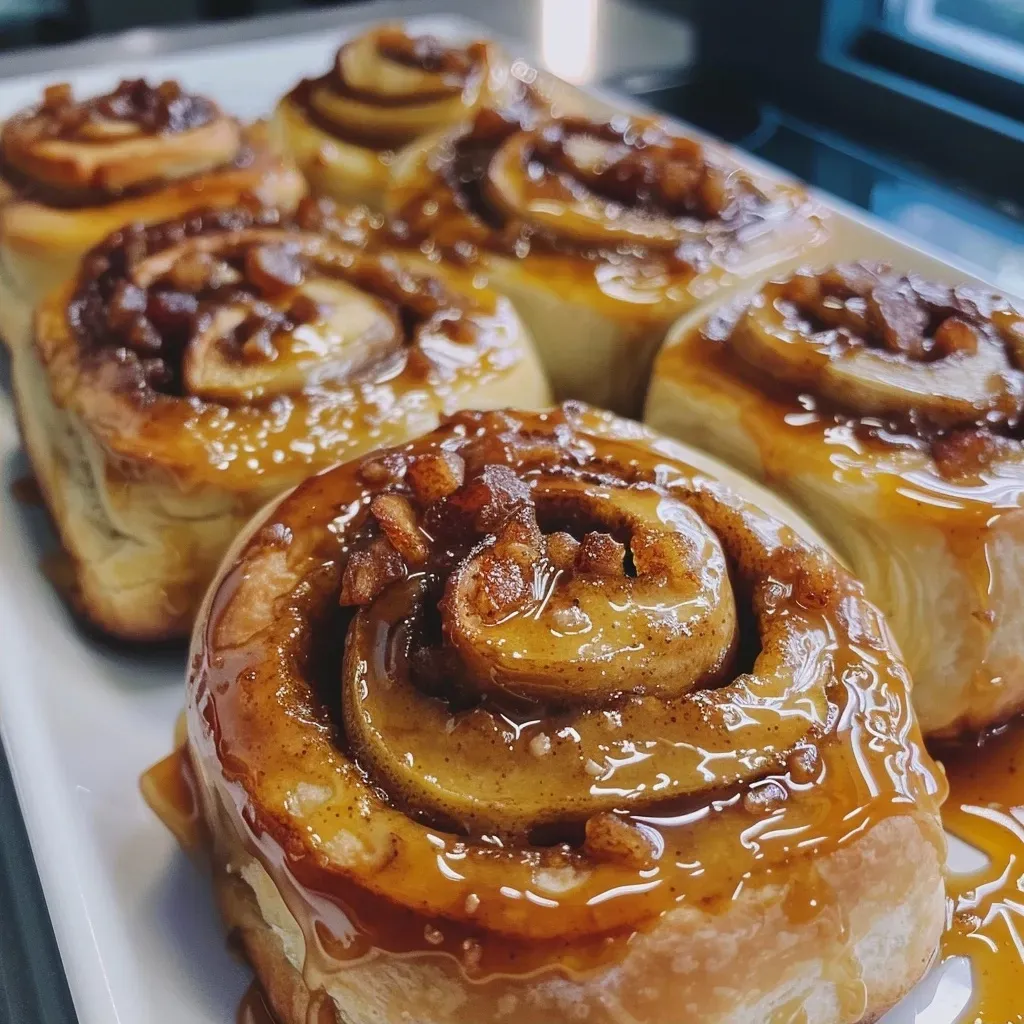 Close-up view of healthy apple cinnamon rolls, showing their fluffy texture and apple chunks.