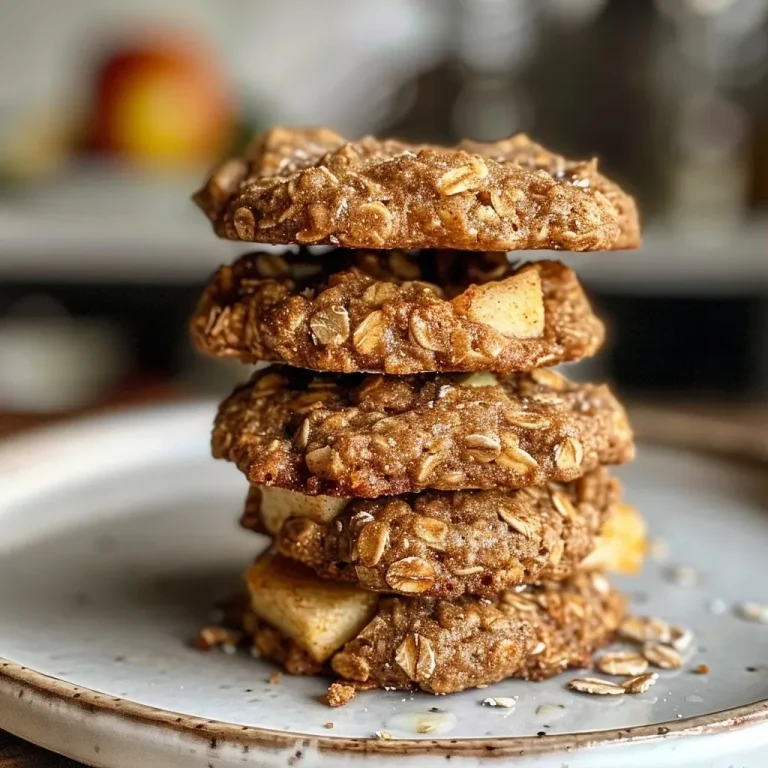 ['A close-up side view of Healthy Apple Pie Oatmeal Cookies, showcasing their golden brown color and chunky apple pieces.', 'Healthy Apple Pie Oatmeal Cookies displayed in a side view, highlighting their chewy texture and ingredients like oats and apple.', 'Detailed side view of freshly baked Healthy Apple Pie Oatmeal Cookies, featuring visible apple chunks and a warm, inviting appearance.', 'Close-up of Healthy Apple Pie Oatmeal Cookies from the side, capturing the rich color and texture, with a focus on the apple pieces.']