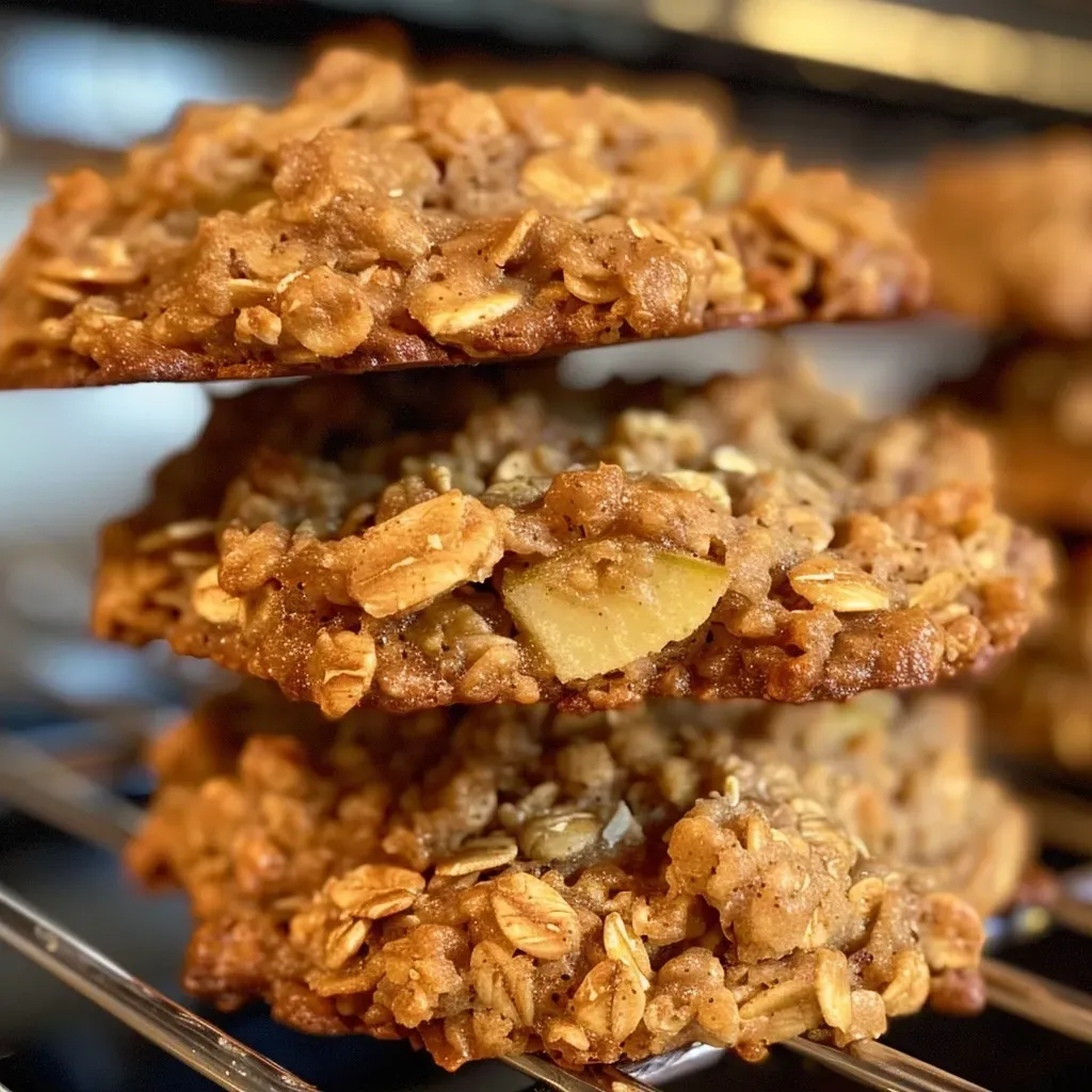 ['A close-up side view of Healthy Apple Pie Oatmeal Cookies, showcasing their golden brown color and chunky apple pieces.', 'Healthy Apple Pie Oatmeal Cookies displayed in a side view, highlighting their chewy texture and ingredients like oats and apple.', 'Detailed side view of freshly baked Healthy Apple Pie Oatmeal Cookies, featuring visible apple chunks and a warm, inviting appearance.', 'Close-up of Healthy Apple Pie Oatmeal Cookies from the side, capturing the rich color and texture, with a focus on the apple pieces.']