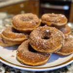 ['Close-up view of a healthy baked apple cider donut with a glossy surface and a sprinkle of cinnamon.', 'Side profile of a golden-brown baked donut, showcasing a texture that highlights its apple cider ingredients.', 'Juicy baked apple cider donut on a rustic wooden surface, highlighting its moist interior and cinnamon dusting.', 'Healthy apple cider donut captured in detail, focusing on its round shape and inviting golden color.']