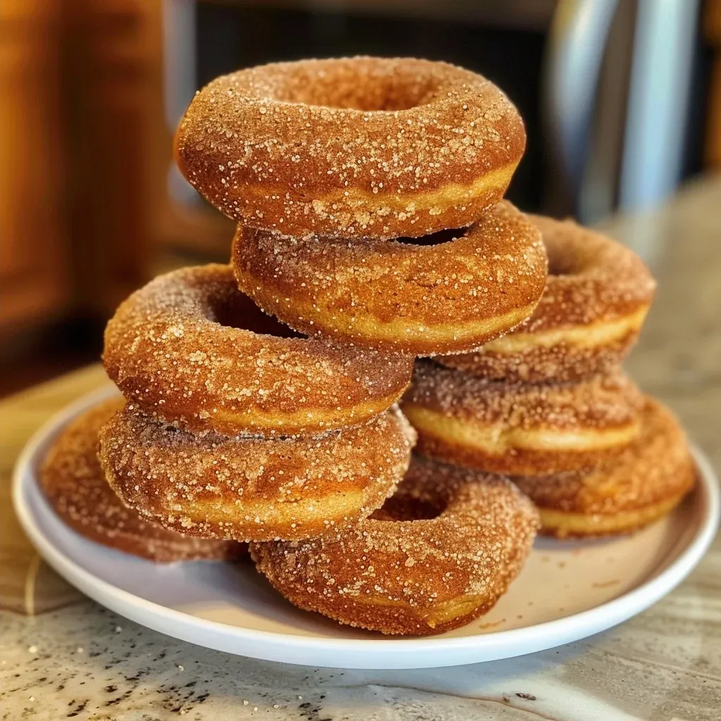 ['Close-up view of a healthy baked apple cider donut with a glossy surface and a sprinkle of cinnamon.', 'Side profile of a golden-brown baked donut, showcasing a texture that highlights its apple cider ingredients.', 'Juicy baked apple cider donut on a rustic wooden surface, highlighting its moist interior and cinnamon dusting.', 'Healthy apple cider donut captured in detail, focusing on its round shape and inviting golden color.']