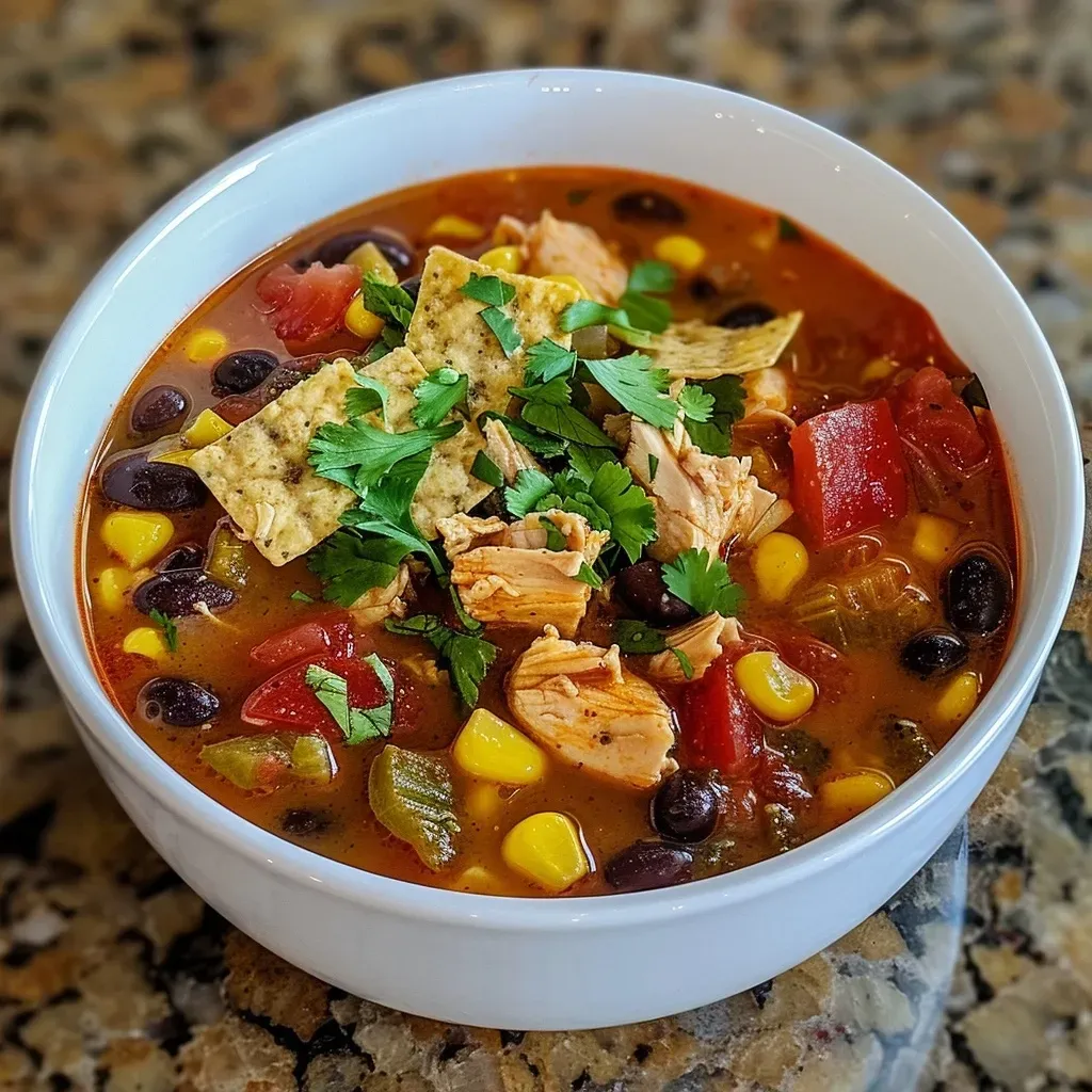 ['Close-up view of a bowl of Healthy Chicken Tortilla Soup garnished with avocado and cilantro.', 'Side angle of a vibrant Healthy Chicken Tortilla Soup with colorful vegetables and tortilla strips.', 'A steaming bowl of Healthy Chicken Tortilla Soup showcasing black beans, corn, and bell peppers.', 'Delicious Healthy Chicken Tortilla Soup presented with toppings like Greek yogurt and lime.']