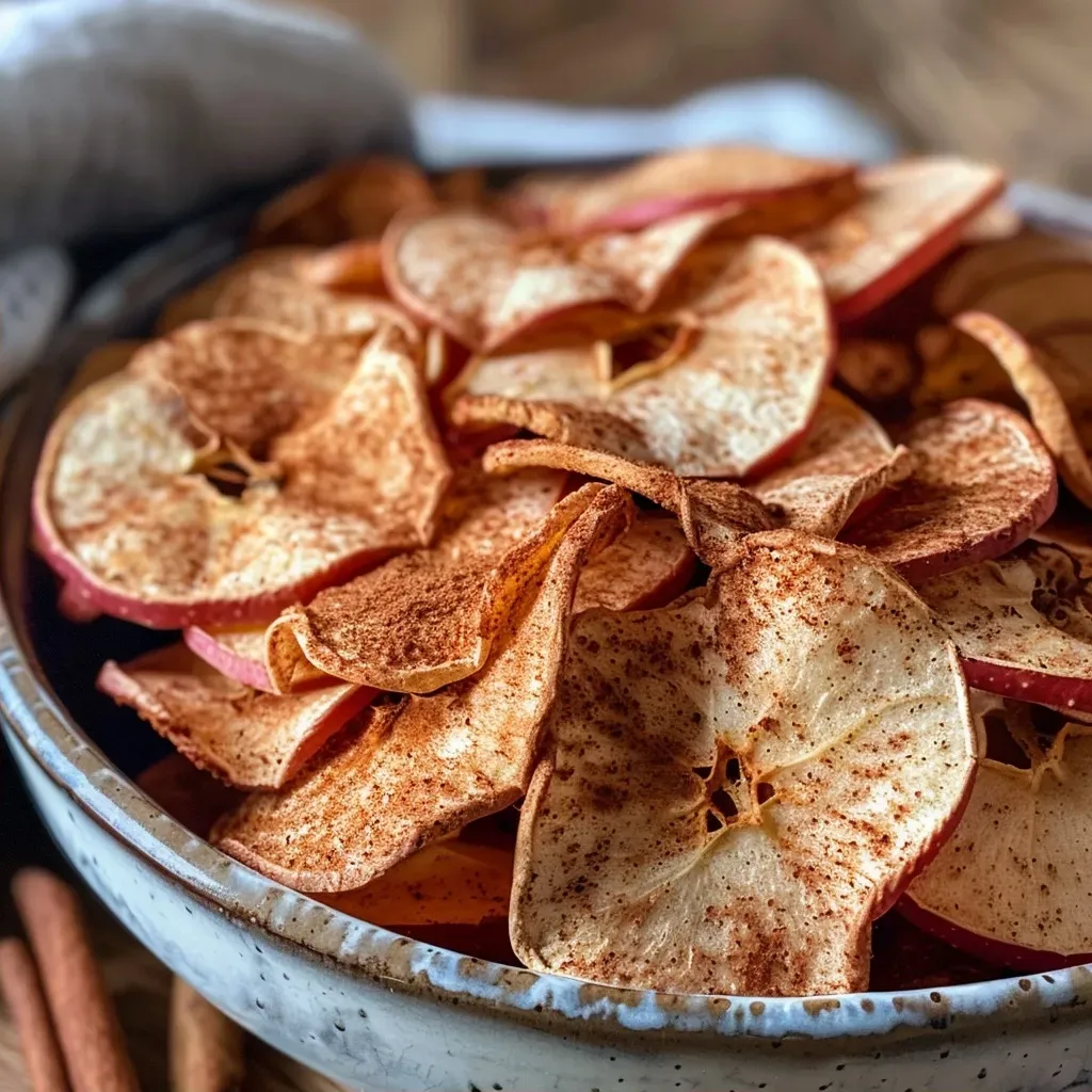 ['Close-up of golden-brown healthy cinnamon apple chips on a wooden surface.', 'Side view of crispy apple chips dusted with cinnamon, arranged neatly.', 'Thinly sliced apple chips with a sprinkle of cinnamon, showcasing a crunchy texture.', 'Juicy healthy apple chips with a warm cinnamon coating photographed from the side.']