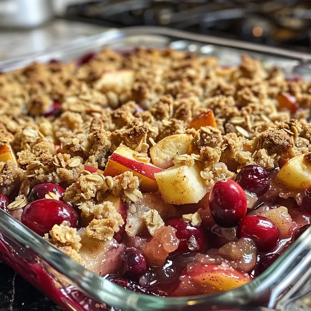 ['Close-up of a healthy cranberry apple crisp with fresh cranberries and diced apples.', 'Side view of a warm cranberry apple crisp with a crumbly topping on a plate.', 'Juicy cranberry apple crisp featuring layers of apples and cranberries in a baking dish.', 'Delicious cranberry apple crisp showcasing the texture of oats and brown sugar on top.']