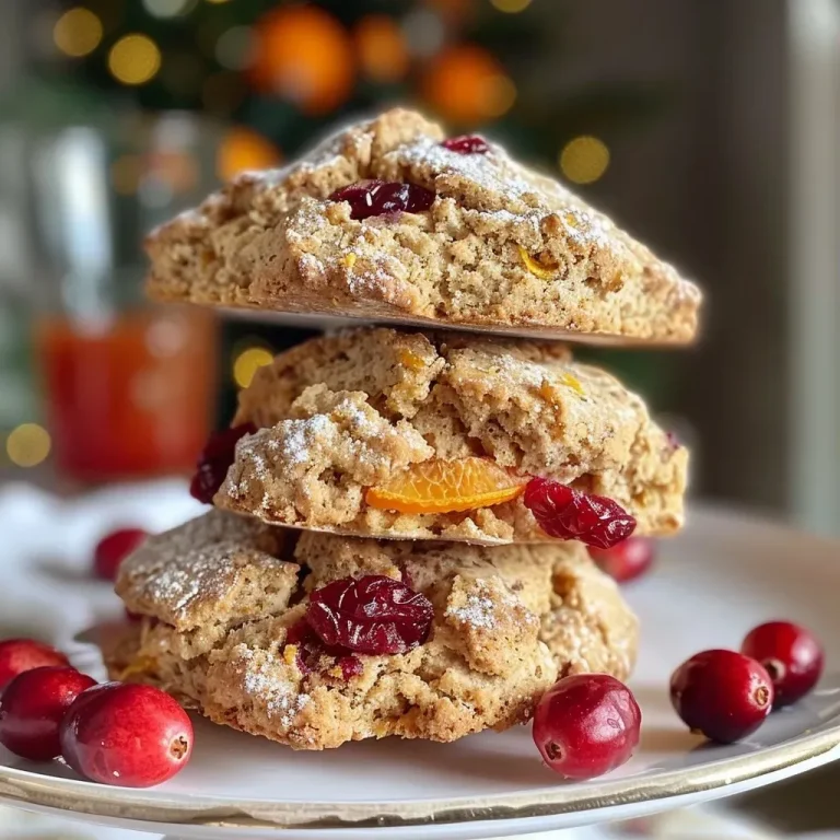 ['Close-up view of Healthy Cranberry Orange Scones with a golden crust and visible cranberry pieces.', 'Side view of freshly baked Healthy Cranberry Orange Scones showcasing their flaky texture and orange zest.', 'Juicy and colorful Healthy Cranberry Orange Scones on a plate, emphasizing their appealing surface.', 'Tantalizing Healthy Cranberry Orange Scones with a rustic look, highlighting the cranberries and orange peel.']
