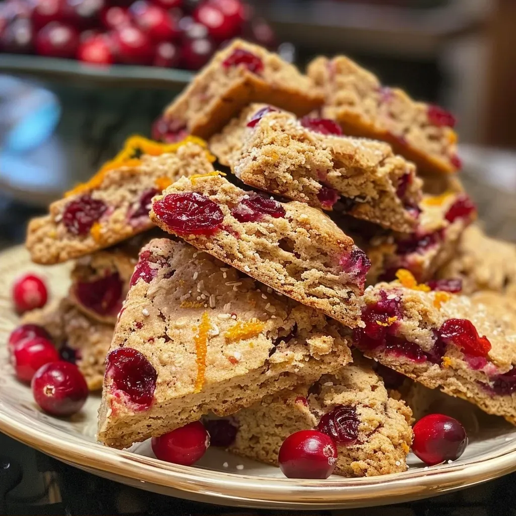 ['Close-up view of Healthy Cranberry Orange Scones with a golden crust and visible cranberry pieces.', 'Side view of freshly baked Healthy Cranberry Orange Scones showcasing their flaky texture and orange zest.', 'Juicy and colorful Healthy Cranberry Orange Scones on a plate, emphasizing their appealing surface.', 'Tantalizing Healthy Cranberry Orange Scones with a rustic look, highlighting the cranberries and orange peel.']