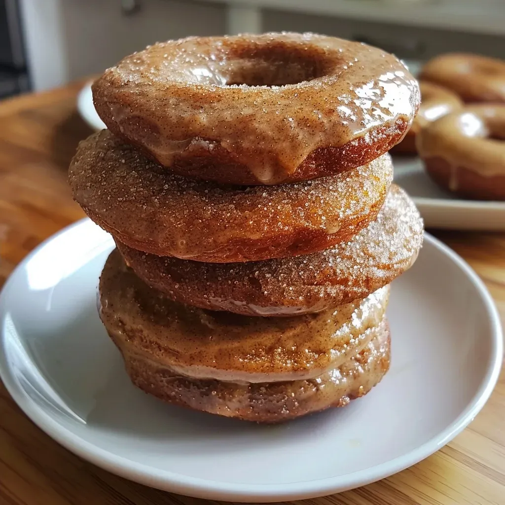 ['Close-up of a healthy apple cider protein donut with a glazed top.', 'Side view of a protein donut, showcasing a light brown color and a sprinkle of cinnamon.', 'Delicious-looking apple cider protein donut, highlighting its fluffy texture and healthy ingredients.', 'Juicy protein donut made with apple cider, presented in an inviting manner.']
