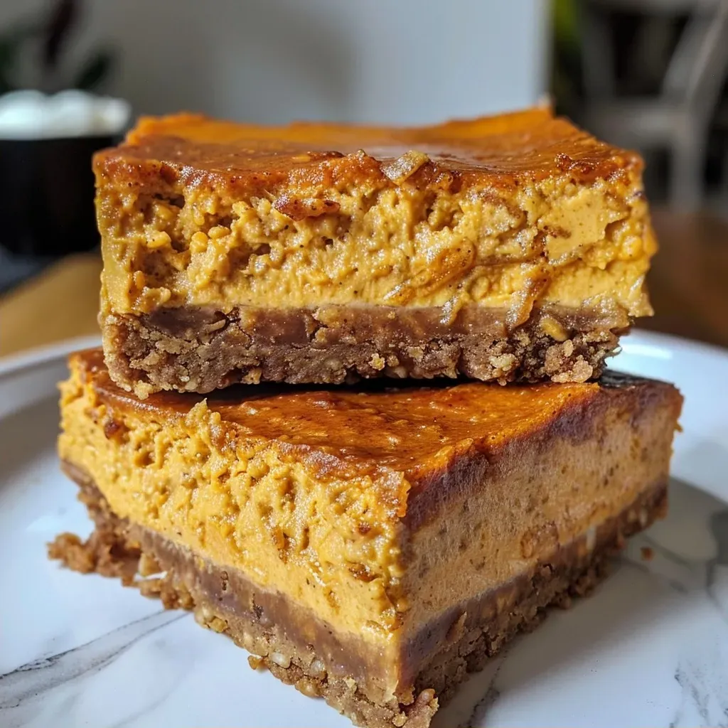 ['Close-up view of Healthy Pumpkin Cheesecake Bars with a rich and creamy texture.', 'Side view of delicious pumpkin cheesecake bars topped with a sprinkle of cinnamon.', 'Healthy Pumpkin Cheesecake Bars displayed on a wooden board, highlighting their layers.', 'Vibrant orange and creamy cheesecake bars in a rustic setting, showcasing ingredients.']