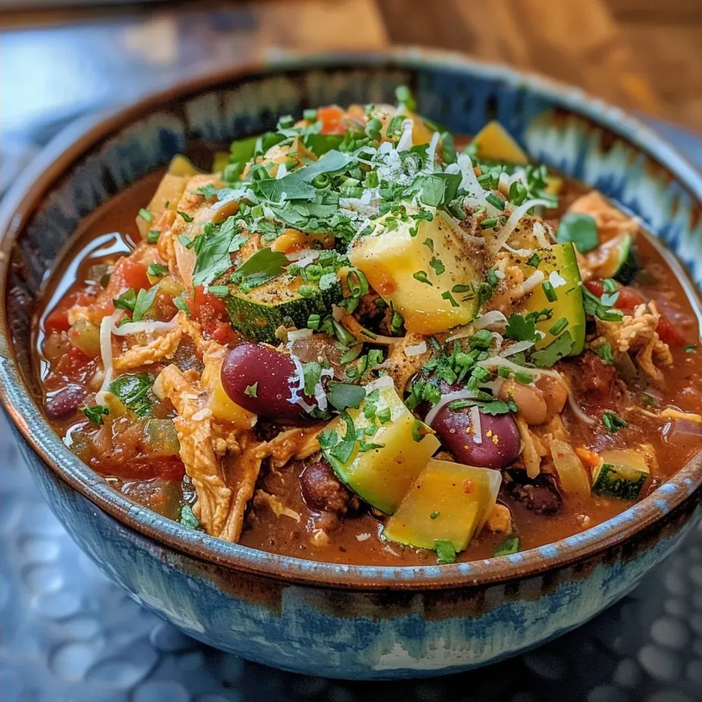 ['Close-up view of a bowl of Healthy Pumpkin Chicken Chili highlighting its rich ingredients.', 'Side view of a steaming bowl of pumpkin chicken chili, showcasing vibrant colors and textures.', 'Juicy Healthy Pumpkin Chicken Chili in a bowl, displaying fresh vegetables and spices.', 'Close-up of Healthy Pumpkin Chicken Chili with a focus on its hearty ingredients and creamy texture.']