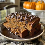 ['Sliced Healthy Pumpkin Chocolate Chip Bread with visible chocolate chips.', 'Close-up side view of moist pumpkin chocolate chip bread on a wooden table.', 'A loaf of Healthy Pumpkin Chocolate Chip Bread showcasing its texture and chocolate pieces.', 'Freshly baked pumpkin bread with chocolate chips, cut and ready to serve.']
