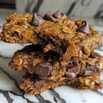 ['A close-up side view of healthy pumpkin chocolate chip oatmeal cookies on a rustic wooden background.', 'Juicy, delicious oatmeal cookies made with pumpkin and chocolate chips, displayed on a plate.', 'Freshly baked pumpkin chocolate chip oatmeal cookies, showcasing a gooey center and chocolate chunks.', 'Side view of a stack of healthy pumpkin chocolate chip oatmeal cookies with a soft texture.']