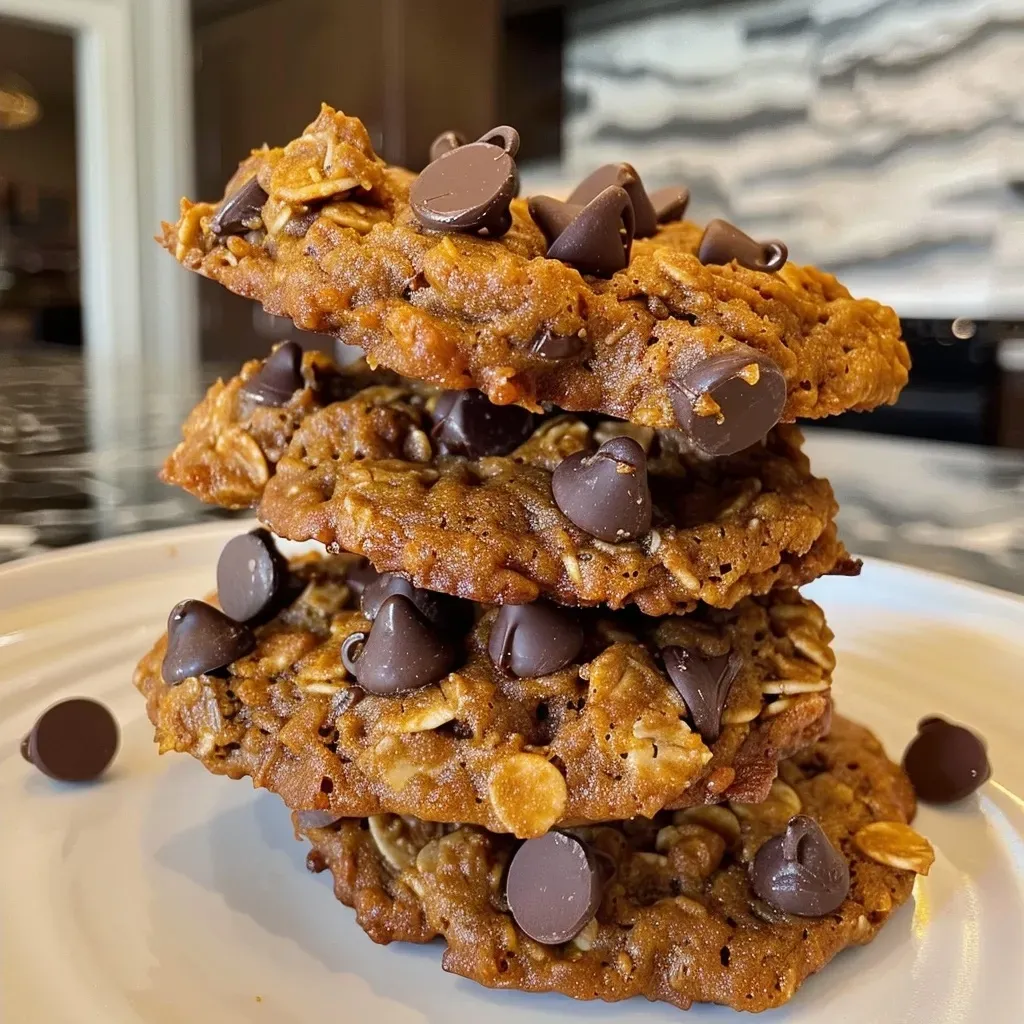 ['A close-up side view of healthy pumpkin chocolate chip oatmeal cookies on a rustic wooden background.', 'Juicy, delicious oatmeal cookies made with pumpkin and chocolate chips, displayed on a plate.', 'Freshly baked pumpkin chocolate chip oatmeal cookies, showcasing a gooey center and chocolate chunks.', 'Side view of a stack of healthy pumpkin chocolate chip oatmeal cookies with a soft texture.']