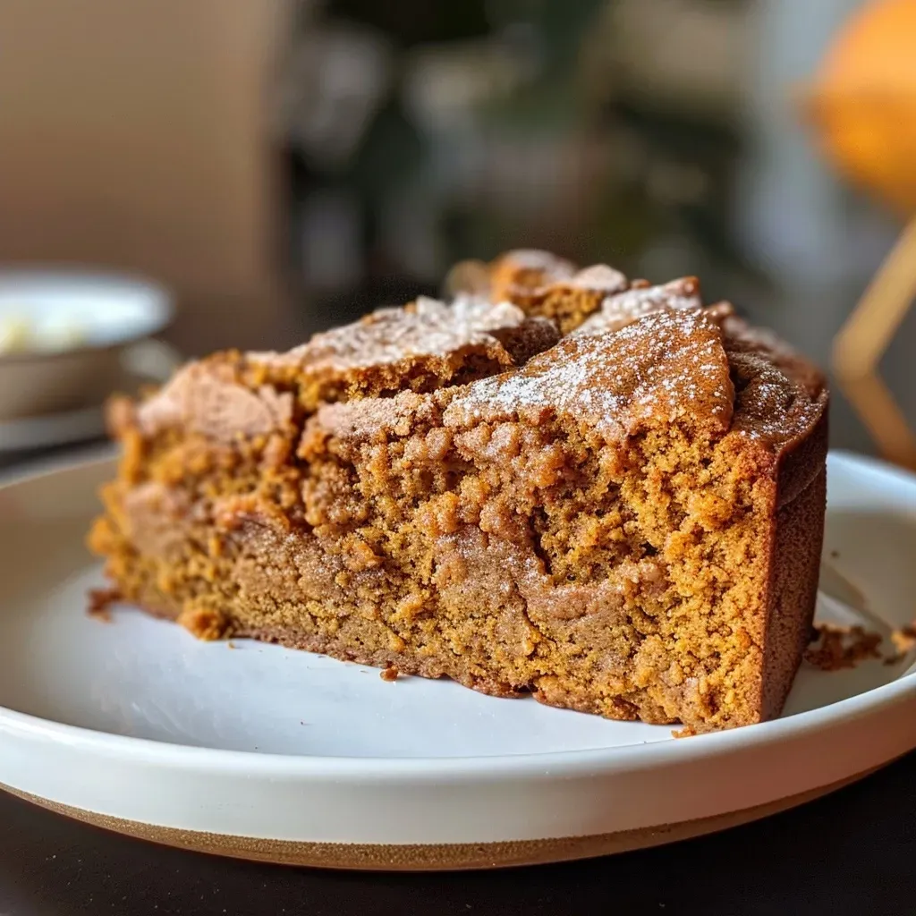 ['Close-up side view of a slice of Healthy Pumpkin Coffee Cake, showcasing its moist texture and pumpkin filling.', 'A delicious piece of Healthy Pumpkin Coffee Cake on a plate, with a golden-brown crust and creamy topping.', 'Juicy Healthy Pumpkin Coffee Cake displayed on a wooden table, highlighting its rich pumpkin color and soft interior.', 'A fork resting beside a slice of Healthy Pumpkin Coffee Cake, emphasizing its fluffy form and seasonal spices.']