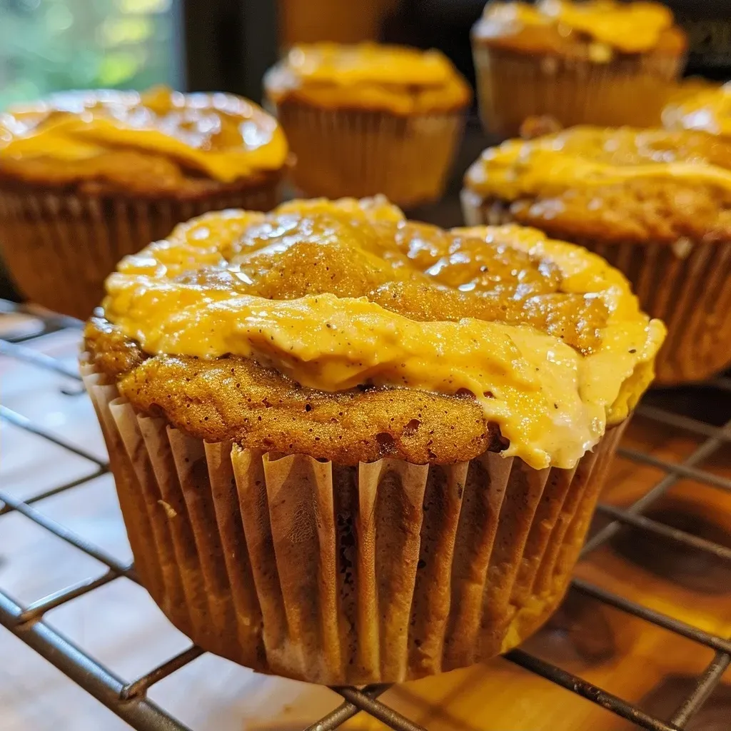 ['Close-up view of healthy pumpkin cream cheese muffins with a golden brown crust and creamy filling.', 'Side view of moist pumpkin muffins showcasing a rich cream cheese swirl inside.', 'Juicy healthy pumpkin muffins with a delectable cream cheese layer, freshly baked and inviting.', 'Delicious pumpkin muffins displayed from the side, revealing their fluffy texture and cream cheese interior.']