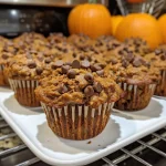 ['Close-up side view of a healthy pumpkin muffin with mini chocolate chips.', 'Juicy, golden-brown pumpkin muffin displayed on a white plate.', 'A single healthy pumpkin muffin featuring visible chocolate chips and spices.', 'Side view of a moist pumpkin muffin showcasing its fluffy texture.']
