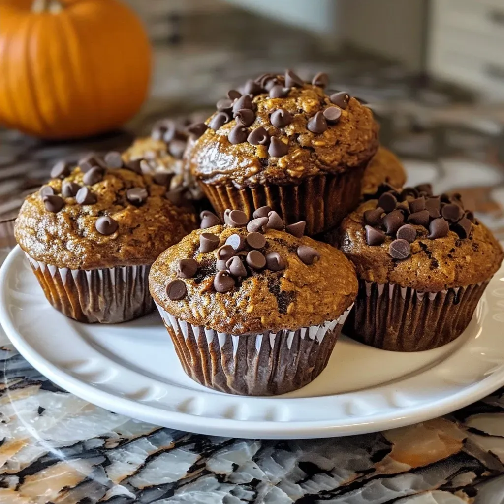 ['Close-up side view of a healthy pumpkin muffin with mini chocolate chips.', 'Juicy, golden-brown pumpkin muffin displayed on a white plate.', 'A single healthy pumpkin muffin featuring visible chocolate chips and spices.', 'Side view of a moist pumpkin muffin showcasing its fluffy texture.']