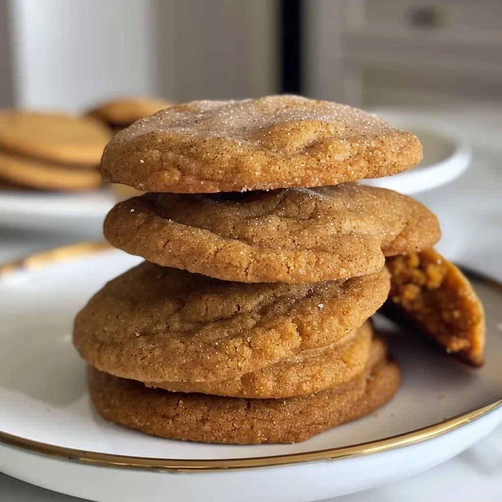 ['Close-up of healthy pumpkin sugar cookies on a white plate, showcasing a soft texture.', 'Side view of moist pumpkin sugar cookies with a golden-brown color, displayed on a rustic wooden table.', 'Deliciously baked healthy pumpkin sugar cookies stacked on top of each other, highlighting their chewy consistency.', 'Freshly made healthy pumpkin sugar cookies with visible spices and pumpkin purée, set against a colorful kitchen backdrop.']