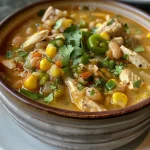 ['A close-up view of a bowl of healthy white chicken chili, showcasing its creamy texture and vibrant ingredients.', 'A side view of a steaming bowl filled with white chicken chili, highlighting diced vegetables and chicken pieces.', 'A detailed close-up of white chicken chili in a bowl, featuring colorful garnishes and a creamy broth.', 'A close-up of a hearty serving of white chicken chili, with visible chunks of chicken, beans, and green chiles.']