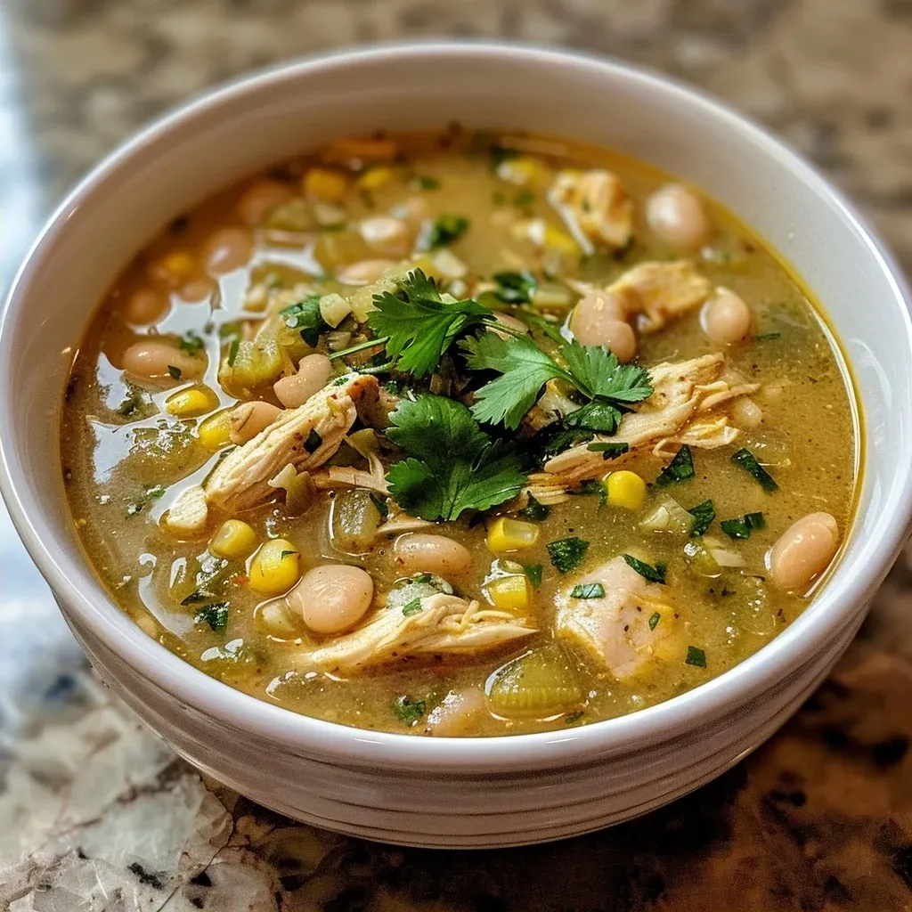 ['A close-up view of a bowl of healthy white chicken chili, showcasing its creamy texture and vibrant ingredients.', 'A side view of a steaming bowl filled with white chicken chili, highlighting diced vegetables and chicken pieces.', 'A detailed close-up of white chicken chili in a bowl, featuring colorful garnishes and a creamy broth.', 'A close-up of a hearty serving of white chicken chili, with visible chunks of chicken, beans, and green chiles.']