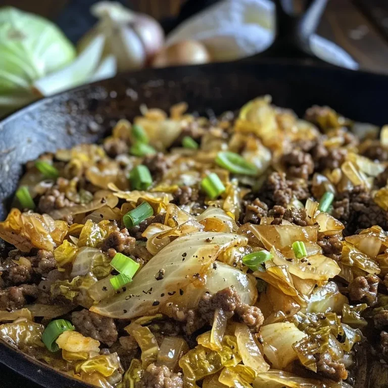 ['Juicy ground beef and bright green chopped cabbage in a skillet.', 'Close-up of a hearty skillet dish featuring ground beef and diced cabbage.', 'Sizzling ground beef mixed with vibrant chopped cabbage in a frying pan.', 'Cooked ground beef and chopped cabbage dish, garnished and ready to serve.']