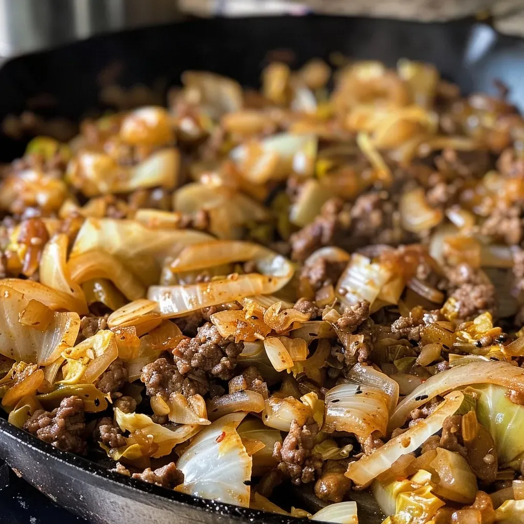 ['Juicy ground beef and bright green chopped cabbage in a skillet.', 'Close-up of a hearty skillet dish featuring ground beef and diced cabbage.', 'Sizzling ground beef mixed with vibrant chopped cabbage in a frying pan.', 'Cooked ground beef and chopped cabbage dish, garnished and ready to serve.']