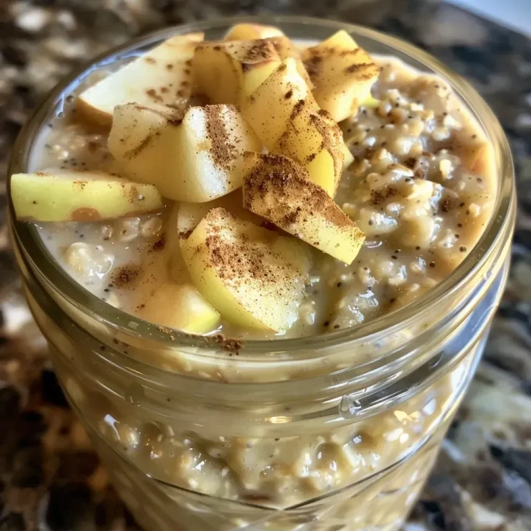 ['Close-up of a bowl of High Protein Apple Cinnamon Overnight Oats featuring chopped apples and a sprinkle of cinnamon.', 'Side view of creamy overnight oats with apple chunks, chia seeds, and a hint of cinnamon, placed in a glass bowl.', 'Detailed shot of apple cinnamon overnight oats topped with sliced apples, showcasing a thick and creamy texture.', 'Close-up of a healthy breakfast bowl filled with high protein apple cinnamon oats, highlighting the ingredients like oats and apples.']