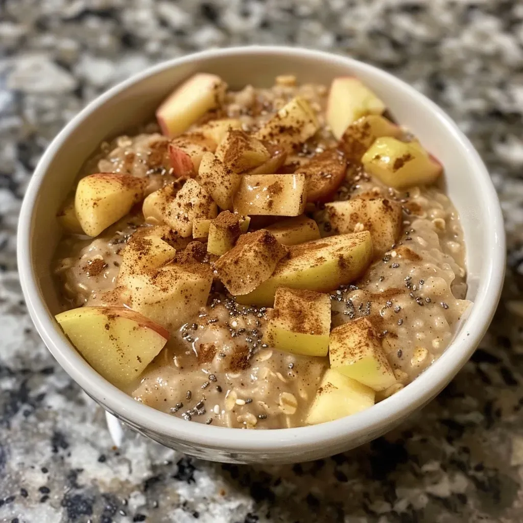 ['Close-up of a bowl of High Protein Apple Cinnamon Overnight Oats featuring chopped apples and a sprinkle of cinnamon.', 'Side view of creamy overnight oats with apple chunks, chia seeds, and a hint of cinnamon, placed in a glass bowl.', 'Detailed shot of apple cinnamon overnight oats topped with sliced apples, showcasing a thick and creamy texture.', 'Close-up of a healthy breakfast bowl filled with high protein apple cinnamon oats, highlighting the ingredients like oats and apples.']