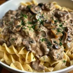 ['Close-up view of a plate of High Protein Beef Stroganoff, showcasing tender beef and mushrooms in a creamy sauce.', 'Juicy High Protein Beef Stroganoff served with egg noodles, garnished with fresh parsley.', 'Side view of a delicious Beef Stroganoff dish, highlighting the rich sauce and mushroom slices.', 'A colorful presentation of High Protein Beef Stroganoff, featuring ground beef, onions, and egg noodles.']