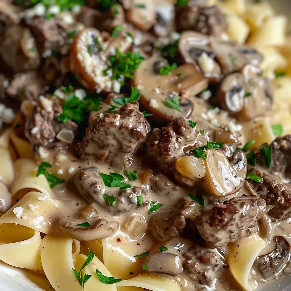 Close-up view of a plate of High Protein Beef Stroganoff, showcasing tender beef and mushrooms in a creamy sauce.