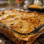 ['Close-up view of a high protein chicken enchilada casserole with melted cheese on top.', 'A side view of a delicious chicken enchilada casserole, showcasing layers of ingredients.', 'Juicy chicken enchilada casserole filled with vibrant diced vegetables and cheese.', 'An appetizing casserole with chicken, enchilada sauce, and toppings, displayed in a dish.']