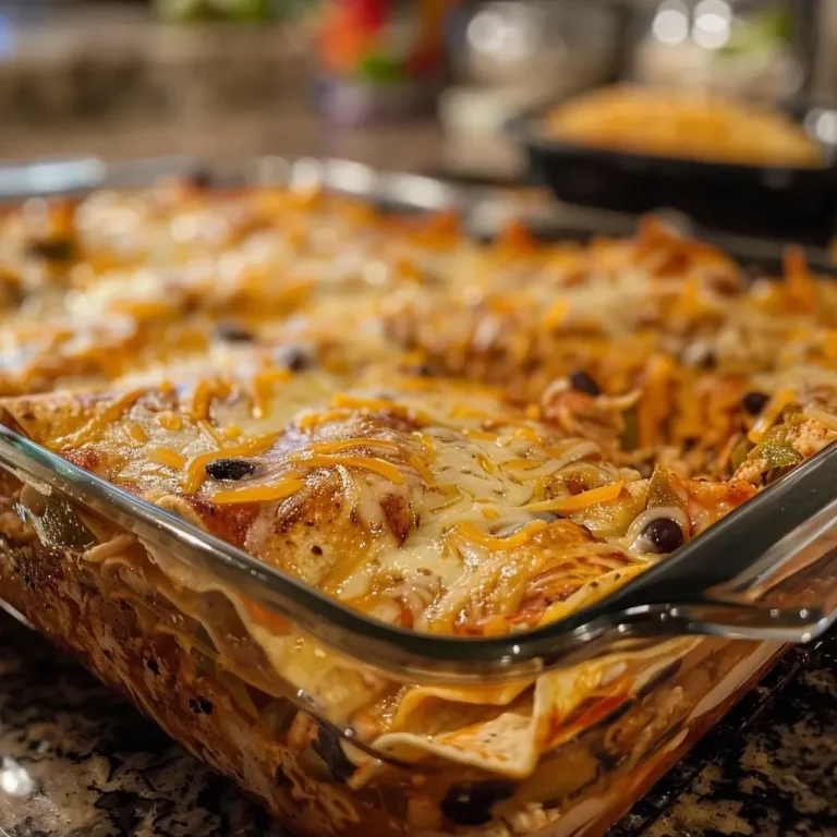 ['Close-up view of a high protein chicken enchilada casserole with melted cheese on top.', 'A side view of a delicious chicken enchilada casserole, showcasing layers of ingredients.', 'Juicy chicken enchilada casserole filled with vibrant diced vegetables and cheese.', 'An appetizing casserole with chicken, enchilada sauce, and toppings, displayed in a dish.']