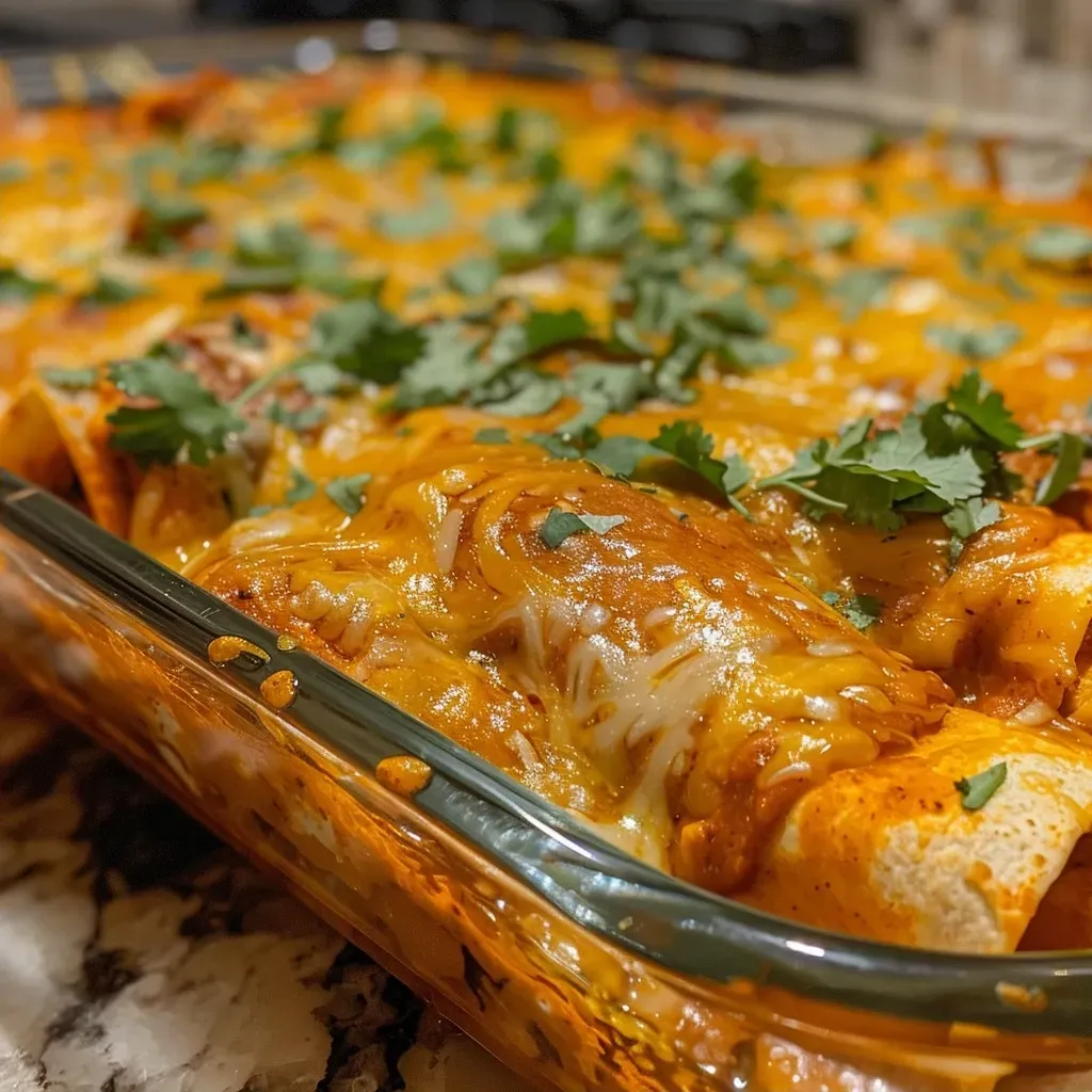['Close-up view of a high protein chicken enchilada casserole with melted cheese on top.', 'A side view of a delicious chicken enchilada casserole, showcasing layers of ingredients.', 'Juicy chicken enchilada casserole filled with vibrant diced vegetables and cheese.', 'An appetizing casserole with chicken, enchilada sauce, and toppings, displayed in a dish.']