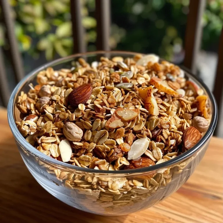 ['Close-up view of a bowl filled with high protein granola featuring oats, nuts, and seeds.', 'Side view of crispy granola clusters with visible almonds, walnuts, and a sprinkle of cinnamon.', 'Detailed shot of golden granola with maple syrup glistening on the surface and flecks of flax and hemp seeds.', 'Texture-rich image of homemade granola featuring large pieces of nuts and seeds, highlighting its wholesome ingredients.']