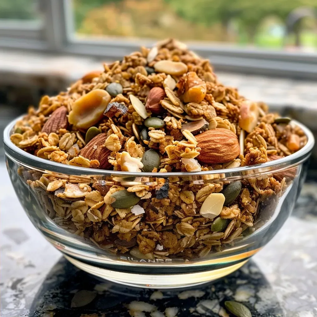 ['Close-up view of a bowl filled with high protein granola featuring oats, nuts, and seeds.', 'Side view of crispy granola clusters with visible almonds, walnuts, and a sprinkle of cinnamon.', 'Detailed shot of golden granola with maple syrup glistening on the surface and flecks of flax and hemp seeds.', 'Texture-rich image of homemade granola featuring large pieces of nuts and seeds, highlighting its wholesome ingredients.']