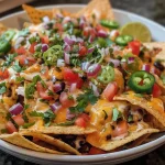 ['Close-up view of high protein loaded nachos with a variety of toppings.', 'Juicy high protein nachos topped with chicken, cheese, and fresh ingredients.', 'Side view of colorful nachos stacked with shredded chicken and black beans.', 'Delicious nachos featuring cheddar and Monterey Jack cheese with garnishes.']