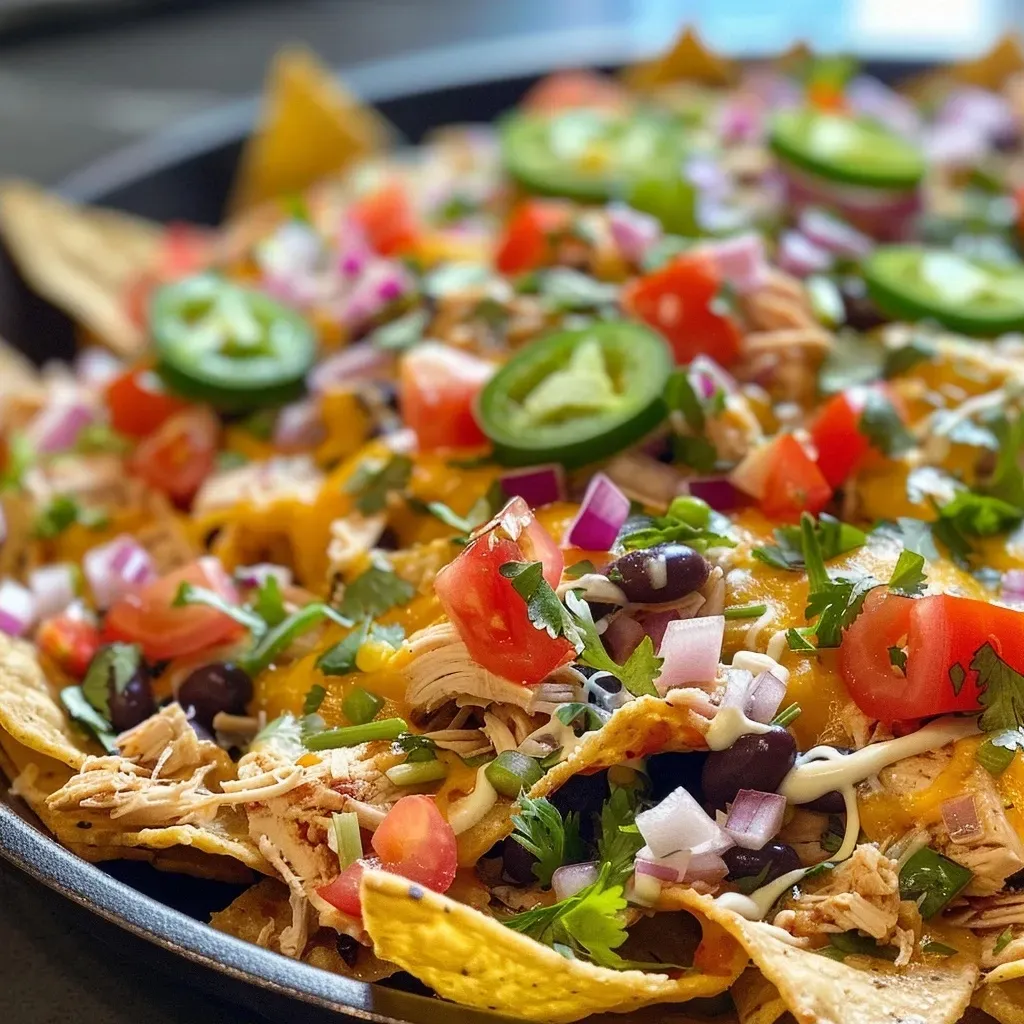 ['Close-up view of high protein loaded nachos with a variety of toppings.', 'Juicy high protein nachos topped with chicken, cheese, and fresh ingredients.', 'Side view of colorful nachos stacked with shredded chicken and black beans.', 'Delicious nachos featuring cheddar and Monterey Jack cheese with garnishes.']