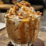 ['Close-up view of creamy pumpkin overnight oats topped with chopped pecans and whipped cream.', 'Side angle of high protein pumpkin overnight oats in a glass jar, showcasing layers of oats and toppings.', 'Detailed photo of pumpkin overnight oats with a drizzle of maple syrup and pumpkin pie spice sprinkled on top.', 'Close-up of a bowl of pumpkin overnight oats, highlighting the texture and ingredients like chia seeds and protein powder.']