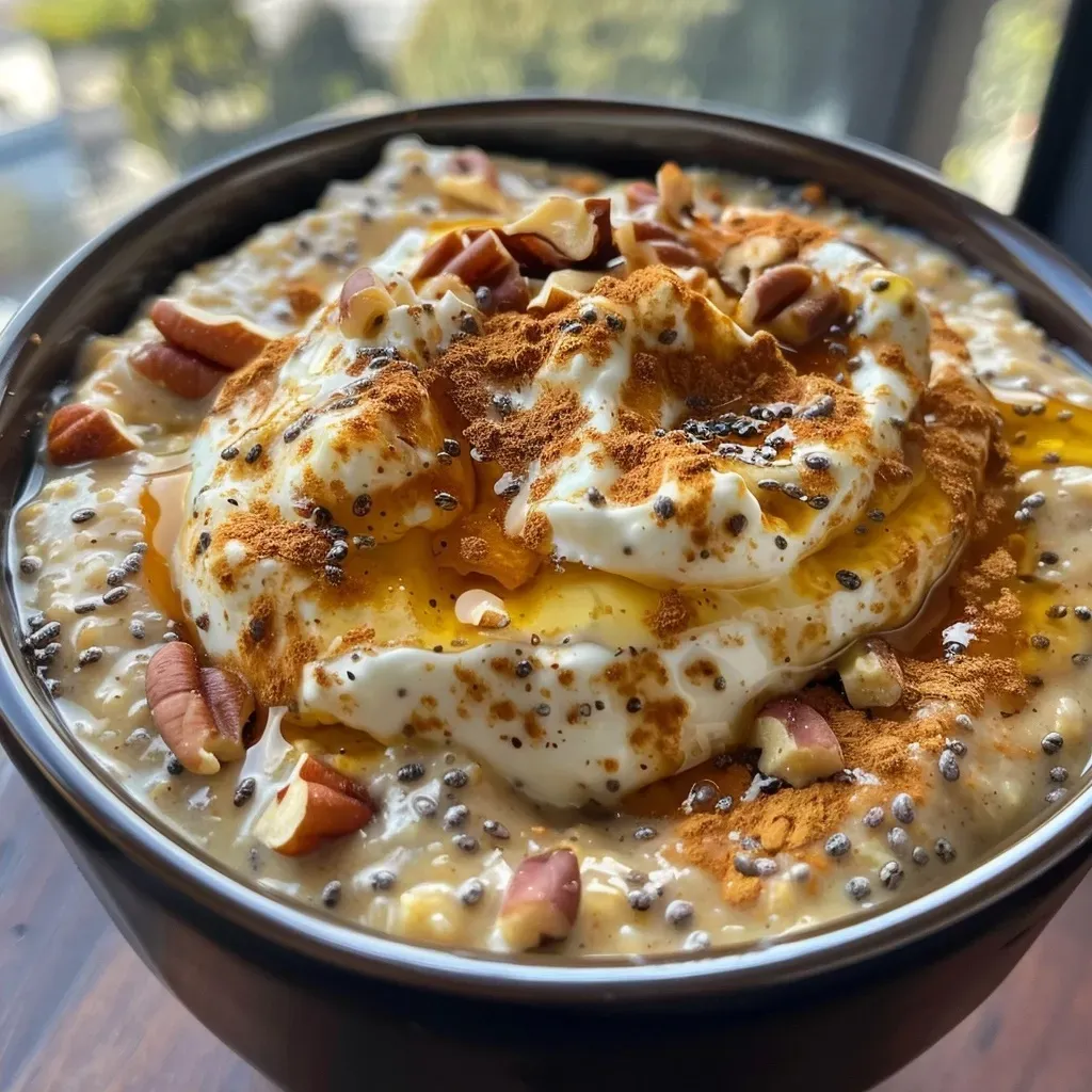 ['Close-up view of creamy pumpkin overnight oats topped with chopped pecans and whipped cream.', 'Side angle of high protein pumpkin overnight oats in a glass jar, showcasing layers of oats and toppings.', 'Detailed photo of pumpkin overnight oats with a drizzle of maple syrup and pumpkin pie spice sprinkled on top.', 'Close-up of a bowl of pumpkin overnight oats, highlighting the texture and ingredients like chia seeds and protein powder.']