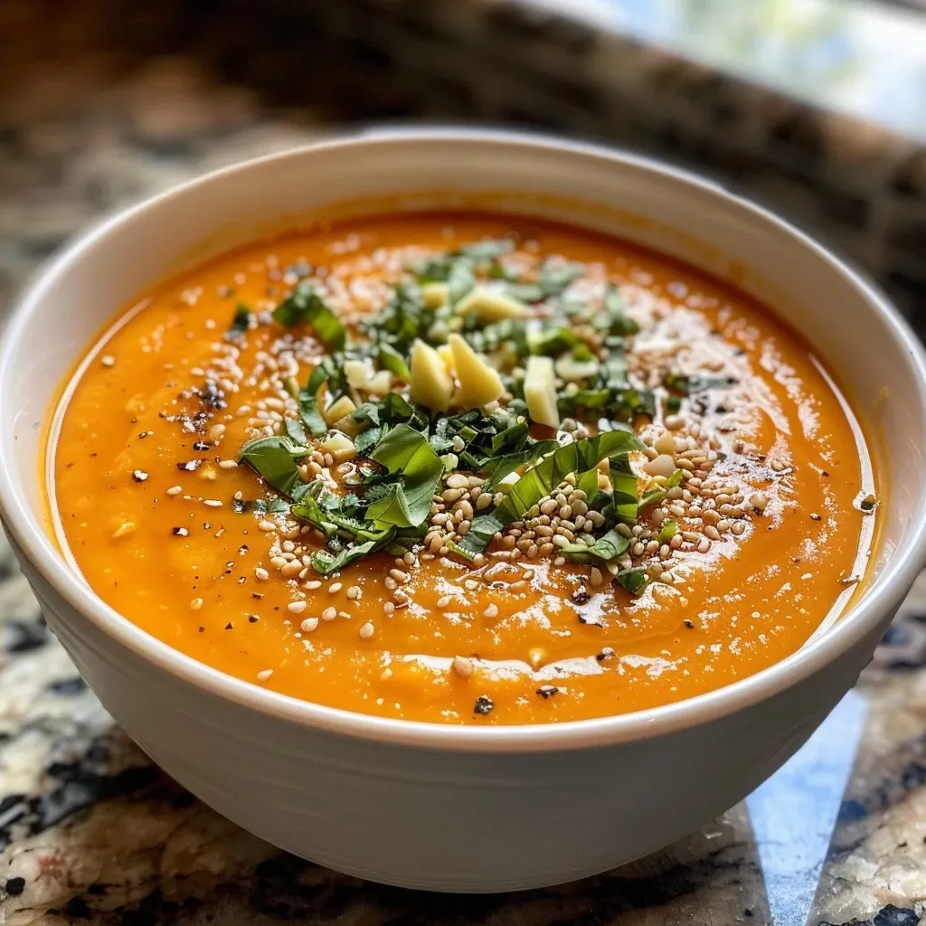 ['A close-up side view of a creamy orange carrot soup in a bowl, garnished with fresh herbs.', 'A rich, high-protein roasted carrot soup served in a rustic bowl, showing textures and garnishes.', 'A vibrant orange soup made from roasted carrots, displayed in a bowl with seeds and herbs on top.', 'A luscious bowl of high-protein carrot soup, enriched with tofu and herbs, captured from a side angle.']