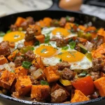 ['A close-up of a vibrant breakfast hash featuring sweet potatoes, lean turkey sausage, and colorful bell peppers.', 'A side view of a delicious sweet potato breakfast hash with eggs, cheese, and vegetables, highlighting its textures.', 'Juicy high-protein breakfast hash with diced sweet potatoes, sausage, and melted cheese, shown in rich detail.', 'A colorful dish of sweet potato hash showcasing ingredients like eggs, sausage, and bell peppers, presented appetizingly.']