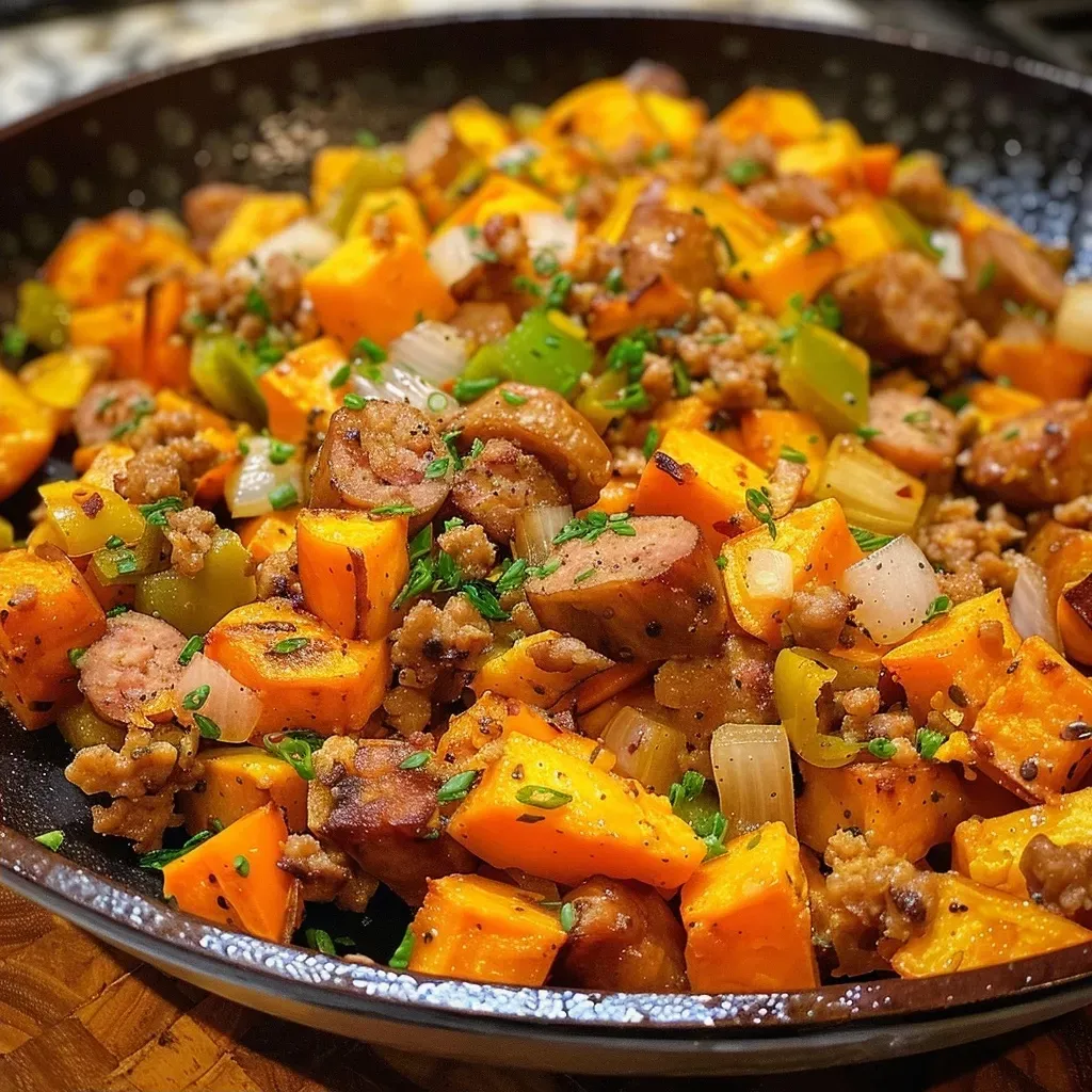 ['A close-up of a vibrant breakfast hash featuring sweet potatoes, lean turkey sausage, and colorful bell peppers.', 'A side view of a delicious sweet potato breakfast hash with eggs, cheese, and vegetables, highlighting its textures.', 'Juicy high-protein breakfast hash with diced sweet potatoes, sausage, and melted cheese, shown in rich detail.', 'A colorful dish of sweet potato hash showcasing ingredients like eggs, sausage, and bell peppers, presented appetizingly.']