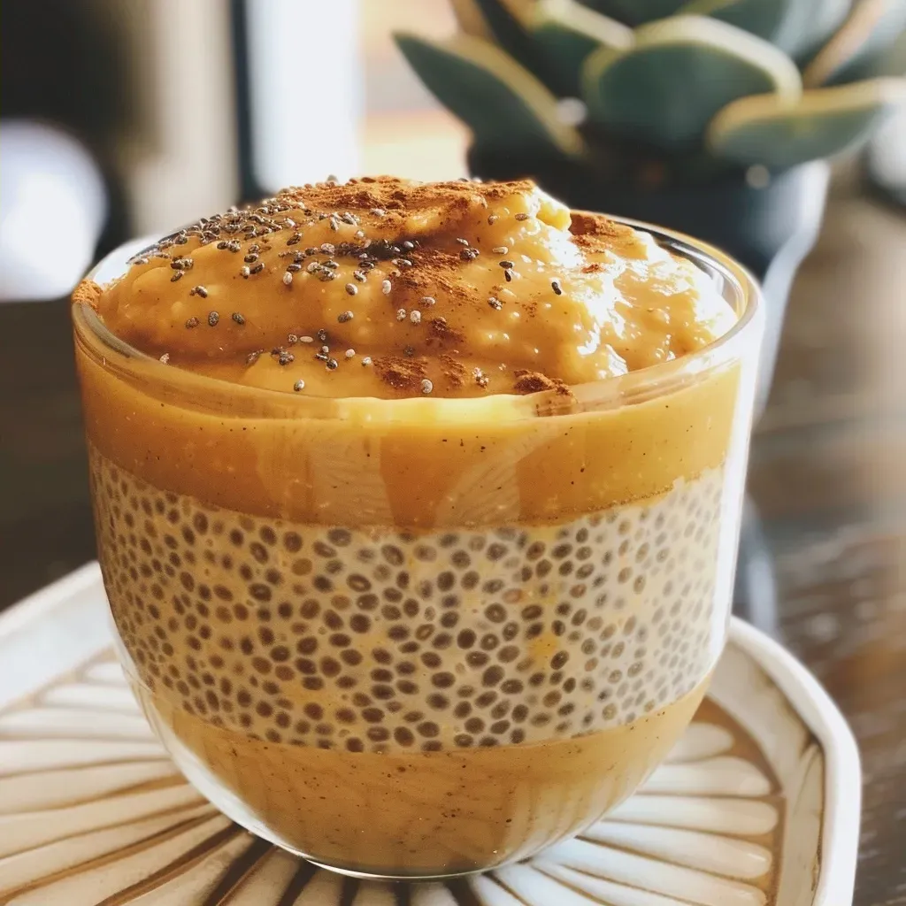 ['Close-up of creamy pumpkin chia pudding in a glass bowl, topped with a sprinkle of pumpkin pie spice.', 'Side view of a vibrant pumpkin chia pudding with visible chia seeds and a smooth texture.', 'Rich, orange pumpkin chia pudding served in a clear dish, showcasing layers of yogurt and chia seeds.', 'Thick, protein-rich pumpkin chia pudding in a bowl, garnished with a dusting of cinnamon.']