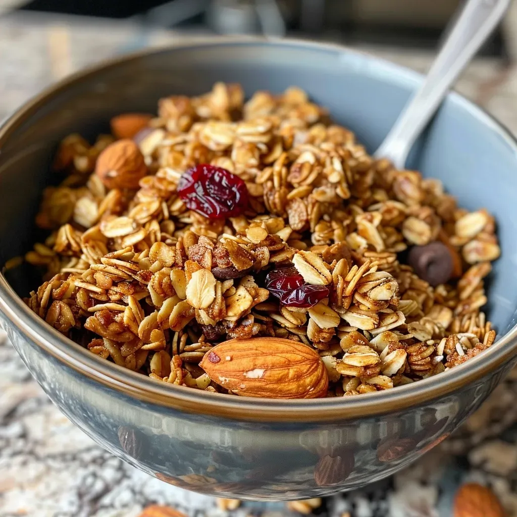 ['Close-up view of homemade maple cinnamon granola with nuts and seeds.', 'Appetizing side view of granola featuring oats, nuts, and chocolate chips.', 'Deliciously crispy granola composed of oats, maple syrup, and dried fruits.', 'Tasty homemade granola showcasing a blend of ingredients in a clear bowl.']