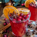 ['A glass filled with steaming hot cranberry punch, garnished with orange slices and cinnamon sticks.', 'Close-up view of a cozy mug of hot cranberry punch with floating cranberries and star anise.', 'A vibrant red beverage served in a clear glass, displaying fresh cranberries and orange slices on top.', 'A warm glass of cranberry punch with spices, showcasing a rich color and festive garnishes.']