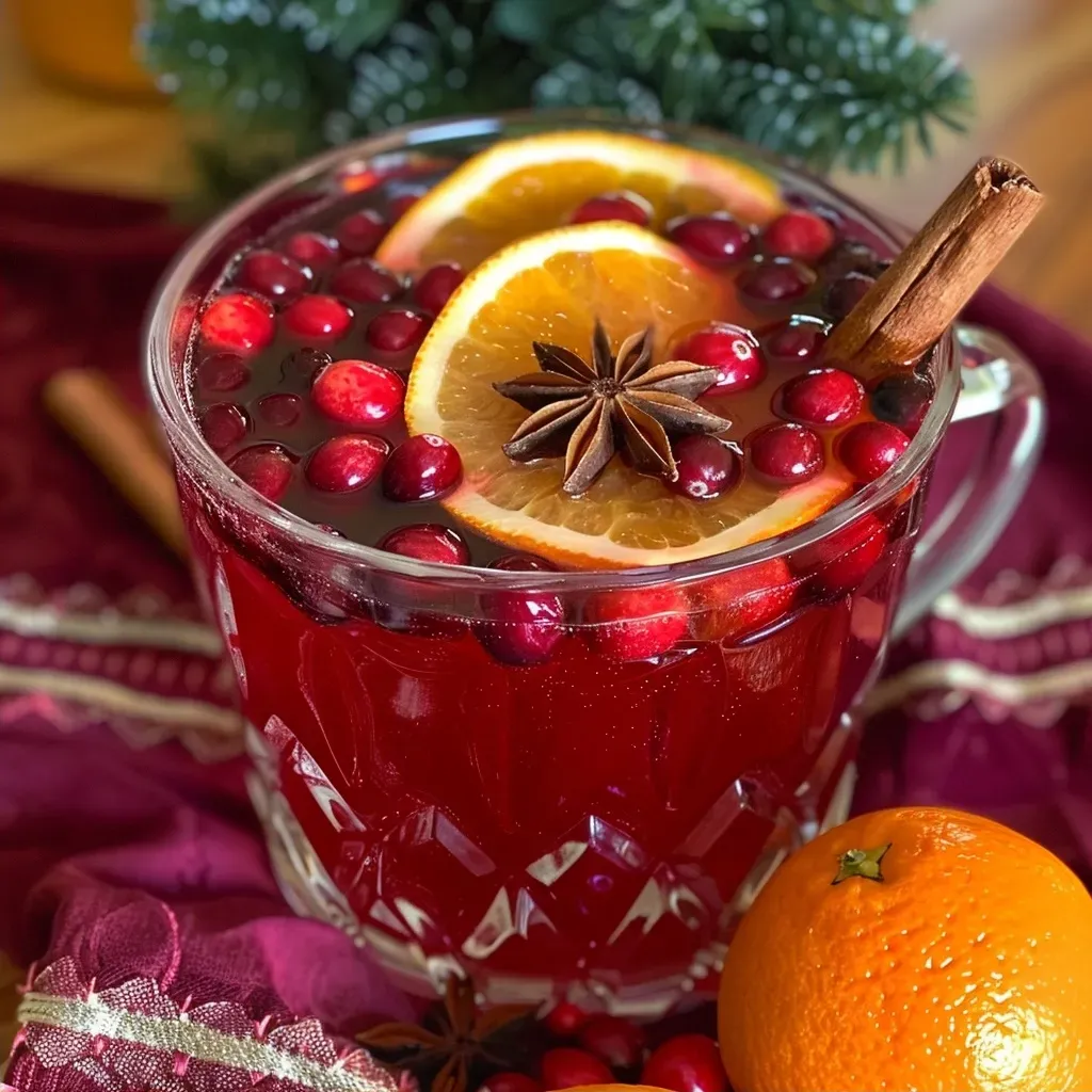 ['A glass filled with steaming hot cranberry punch, garnished with orange slices and cinnamon sticks.', 'Close-up view of a cozy mug of hot cranberry punch with floating cranberries and star anise.', 'A vibrant red beverage served in a clear glass, displaying fresh cranberries and orange slices on top.', 'A warm glass of cranberry punch with spices, showcasing a rich color and festive garnishes.']
