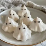 ['Close-up view of ghost-shaped meringue cookies decorated with candy eyes.', 'Side view of fluffy white meringue cookies resembling ghosts on a plate.', 'Juicy Keto ghost meringue cookies with black food paint details, displayed elegantly.', 'Detailed shot of meringue cookies shaped like ghosts, featuring vibrant candy eyes.']