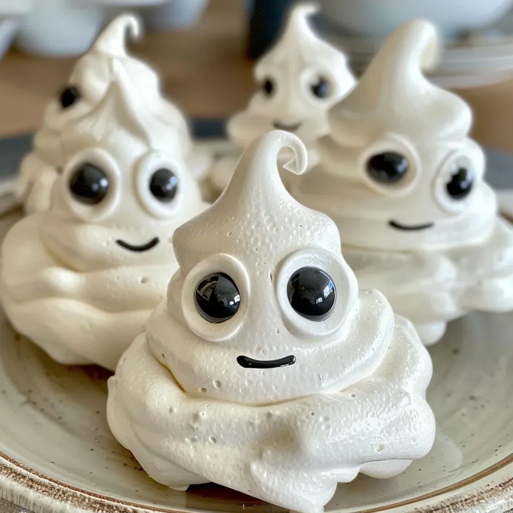 ['Close-up view of ghost-shaped meringue cookies decorated with candy eyes.', 'Side view of fluffy white meringue cookies resembling ghosts on a plate.', 'Juicy Keto ghost meringue cookies with black food paint details, displayed elegantly.', 'Detailed shot of meringue cookies shaped like ghosts, featuring vibrant candy eyes.']