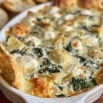 ['Close-up of creamy spinach and artichoke dip in a baking dish.', 'Side view of a bowl filled with spinach and artichoke dip, garnished with melted cheese.', 'Textured homemade spinach and artichoke dip, ready to be served.', 'Appetizing spinach and artichoke dip with visible chunks of artichoke and spinach.']