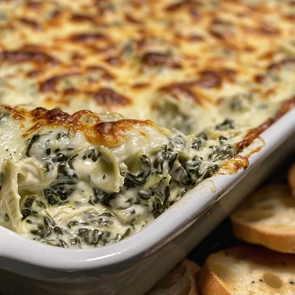['Close-up of creamy spinach and artichoke dip in a baking dish.', 'Side view of a bowl filled with spinach and artichoke dip, garnished with melted cheese.', 'Textured homemade spinach and artichoke dip, ready to be served.', 'Appetizing spinach and artichoke dip with visible chunks of artichoke and spinach.']