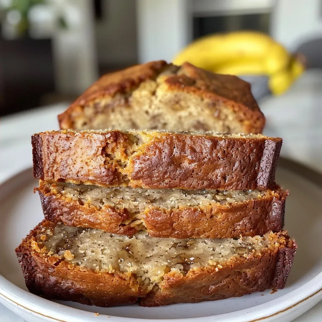 ['A close-up side view of a loaf of Maple Banana Bread with a golden crust and visible walnut chunks.', 'A mouthwatering slice of Maple Banana Bread displaying a moist texture and topped with drizzled maple syrup.', 'A detailed view of Maple Banana Bread with a soft crumb, showcasing its banana pieces and a glossy maple glaze.', 'A beautifully baked loaf of Maple Banana Bread, highlighting the rich colors and nutty toppings.']
